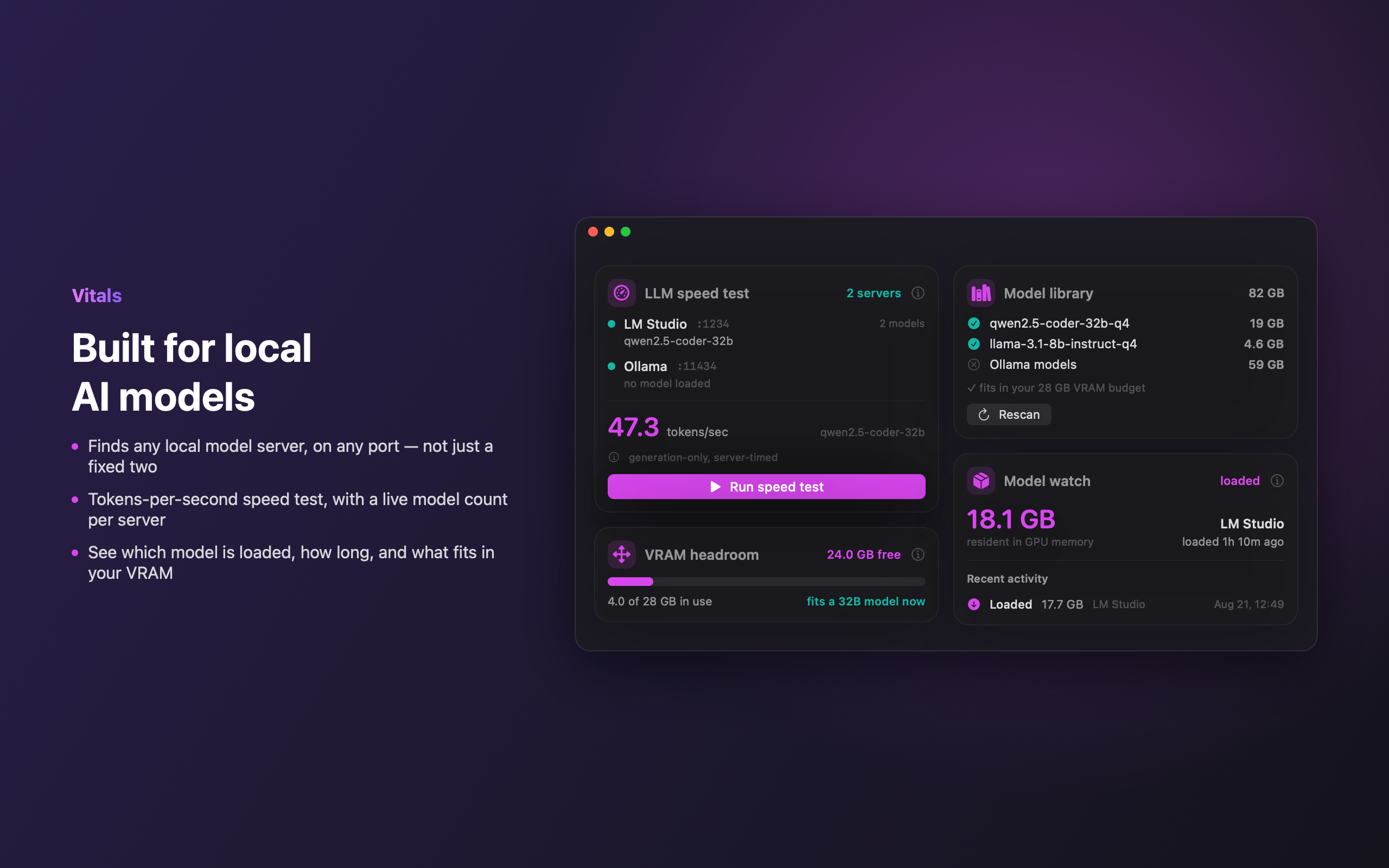 Vitals local LLM detection and speed test
